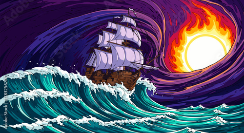 Courageous voyage of an old wooden tall ship through a mystical tempest and a surreal, fiery celestial phenomenon in a fantasy seascape