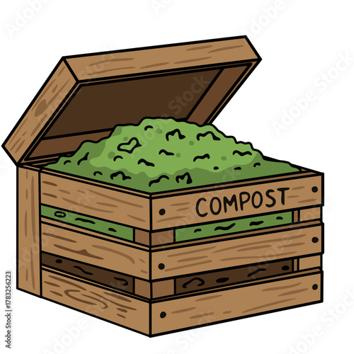 Wooden compost bin with green organic waste. Recycling concept illustration for gardening and sustainable living.