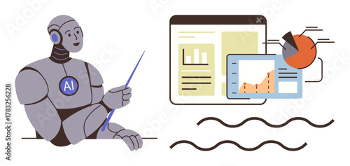 AI robot with pointer explaining analytics using data charts, bar graphs, and pie charts on digital screens. Ideal for automation, technology, data insight, AI education, business strategy