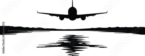 Illustrator airplane landing reflecting over water surface Silhouette vector