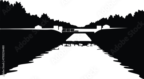 Illustrator Black silhouette of a small river dam Silhouette vector