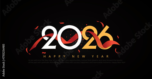 2026 Happy New Year Greeting Banner. Holiday Dark Banner with Gold and silver numbers with red ribbon on Dark Festive Background.