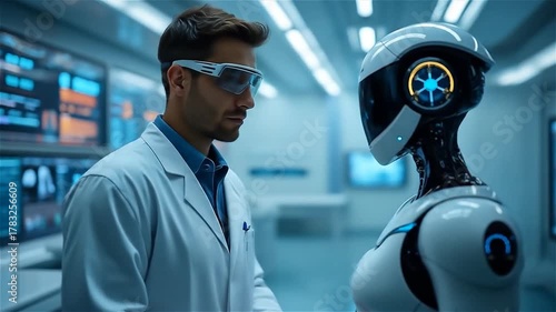 Scientist interacts with humanoid robot in advanced research lab setting demonstrating artificial intelligence