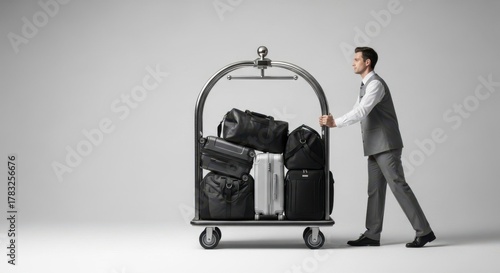 Bellhop pushing a hotel luggage cart filled with suitcases. Professional hotel service and luxury travel concept for hospitality industry marketing.