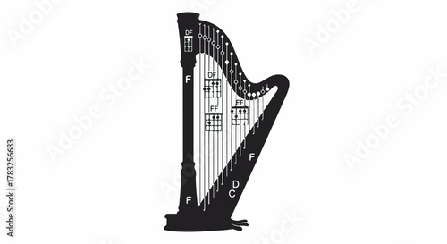 Elegant black harp with intricate details against a clean white background