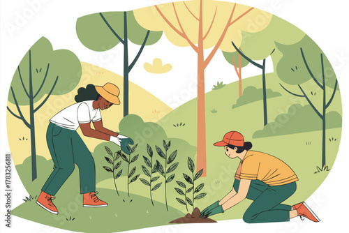 Two women planting saplings in a forest a vector illustration promoting environmental conservation and sustainable living isolated on a white backgrou