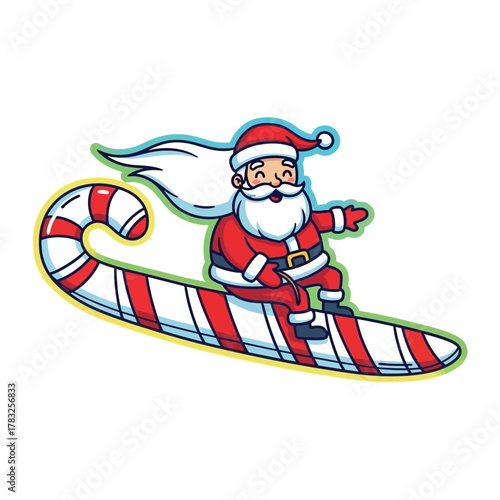 Santa on candy cane: cheerful character Santa Claus, dressed in his iconic red suit, glides playfully along a oversized candy cane, capturing the essence of Christmas whimsy and seasonal cheer.