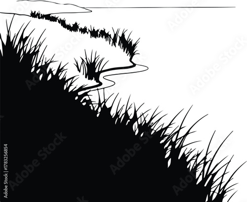 Illustrator Grassy riverbank landscape with winding stream Silhouette vector