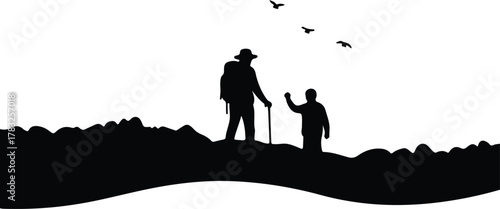 Illustrator Hiker with child on mountain adventure Silhouette vector