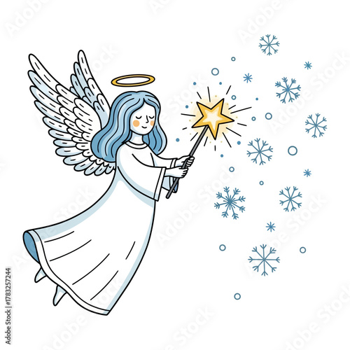Celestial Messenger: A serene angel, radiating tranquility, gracefully conjures snowflakes with a touch of a magical wand, epitomizing the enchanting spirit of the season.