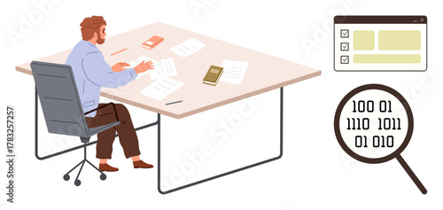 Man organizing papers at desk, with digital interface and binary code under magnifying glass. Ideal for data analysis, research, digital forensics, coding, office work, productivity, simple flat