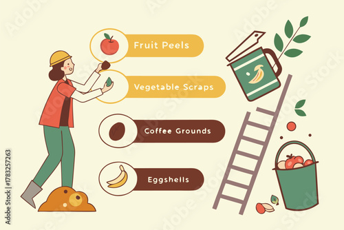 Woman composting food waste including fruit peels vegetable scraps coffee grounds and eggshells vector illustration for sustainable living and zero wa