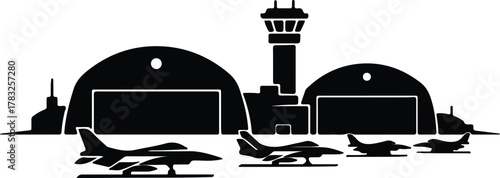 Illustrator Military airbase with jet fighters taking off Silhouette vector