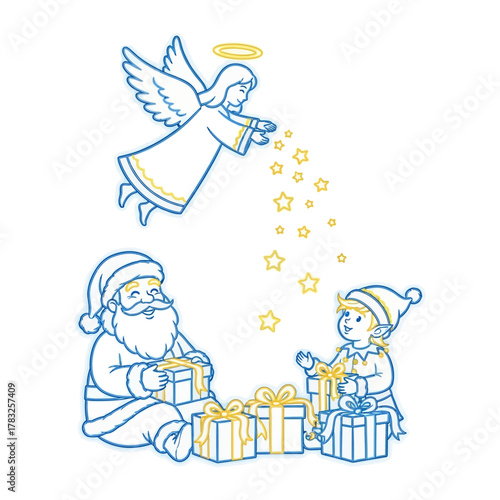 Celestial Gifting: An angelic figure bestows stars upon Santa Claus and an elf, surrounded by a pile of festive gifts, representing the magic and joy of the holiday season.