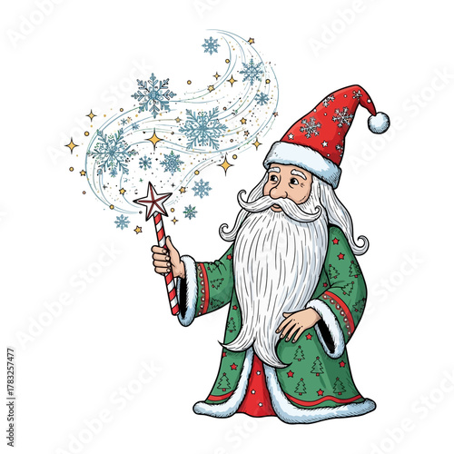 A Christmas Wizard's Enchantment: A whimsical depiction of a kindly wizard, adorned in festive attire, conjuring a swirl of delicate snowflakes with a magical wand, embodying the spirit of the season.
