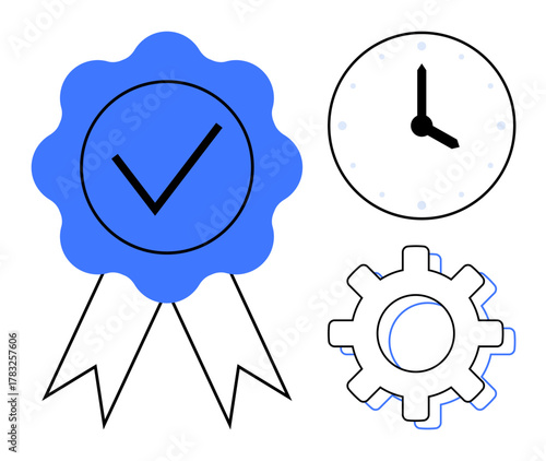 Blue ribbon badge with checkmark, analog clock, and gear symbolizing achievement, efficiency, and workflow. Ideal for success, certification, scheduling, punctuality management operations simple