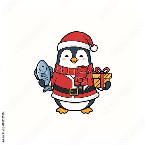 Festive Penguin with a Fish and a Gift: A charming cartoon penguin, clad in a Santa suit, spreads holiday cheer. It proudly holds a fish in one flipper and a wrapped gift in the other.