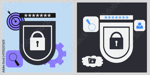 Flat vector illustration representing cyber security and data privacy concept. Features a large shield with a locked padlock, password asterisks, target, and magnifying glass.
