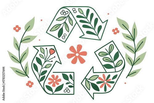 Floral recycle symbol illustration eco-friendly concept with leaves and flowers vector design for sustainable lifestyle and environmental awareness