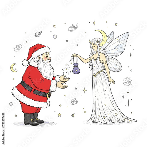 Santa and Celestial Spirit: A magical holiday scene unfolds, with Santa Claus engaging in a generous exchange with an ethereal spirit.