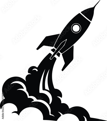 Illustrator Rocket launching through clouds ascending silhouette vector