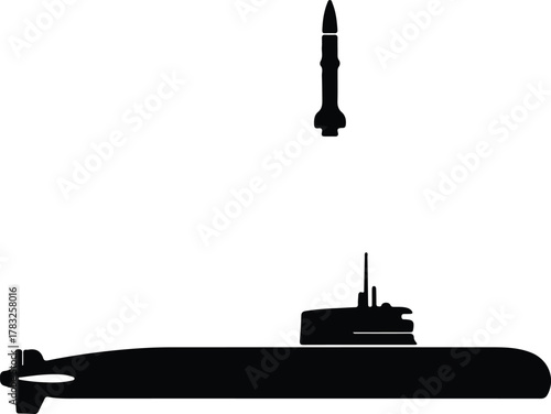 Illustrator Submarine launches missile black and white simple drawing Silhouette vector