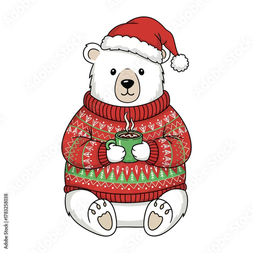 Cozy Bear's Festive Mug: A charming polar bear, adorned in a festive red sweater and Santa hat, clutches a steaming mug, embodying winter warmth and holiday cheer.