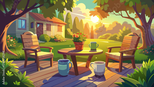 Very beautiful peaceful front yard scene with two mugs on a small table between chairs, softly glowing under the early morning sun, featuring warm natural light, gentle shadows, and a realistic cozy 