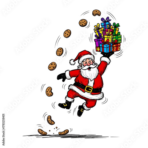 Santa's Festive Flourish: An illustration capturing the jovial Santa Claus in mid-air, juggling presents and cookies with glee. A celebration of Christmas joy!