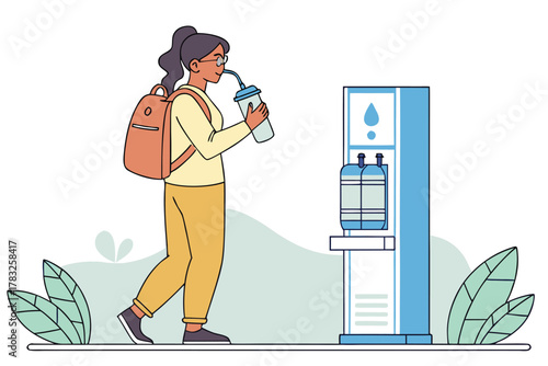 Woman drinking water from a reusable cup at a public water fountain vector illustration for environmental awareness and healthy lifestyle