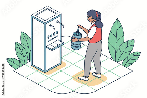 Woman refilling water from a water cooler isometric vector illustration for office or workplace isolated on white background