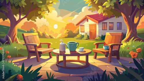 Very beautiful peaceful front yard scene with two mugs on a small table between chairs, softly glowing under the early morning sun, featuring warm natural light, gentle shadows, and a realistic cozy 