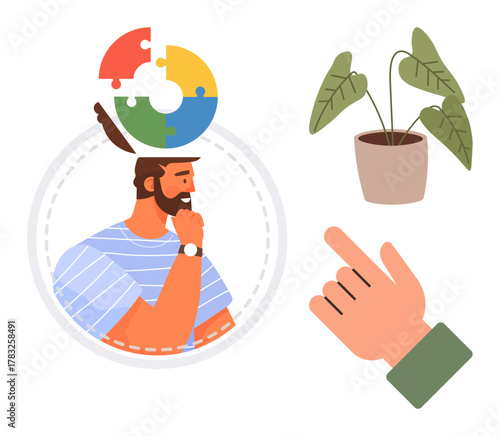 Man with puzzle piece head thinking deeply, next to a potted plant and pointing hand. Ideal for learning, decision-making, mindfulness, problem-solving, introspection, creativity self-awareness. A