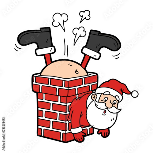 Santa Claus Chimney Mishap: A humorous illustration captures Santa Claus in a comical predicament, with his lower half stuck inside a red brick chimney, steam escaping.