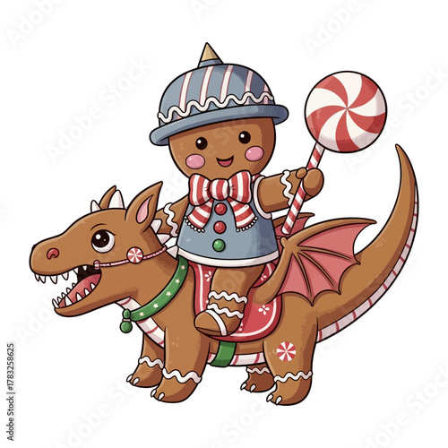 Gingerbread Knight's Dragon Ride: A whimsical illustration of a gingerbread man, clad as a knight, joyfully riding a friendly dragon through a world of sugary delights and fantastical adventures.