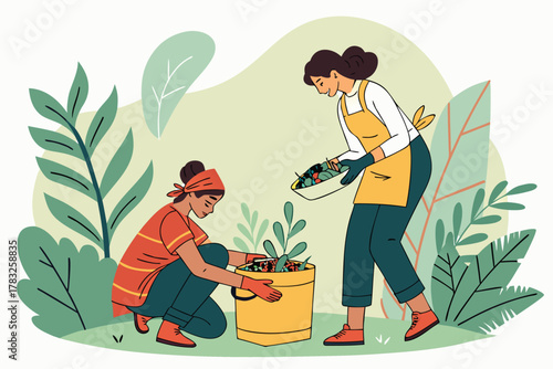 Two women composting organic waste in a garden flat vector illustration for environmental awareness and sustainable living
