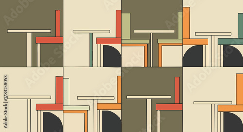 Geometric abstract furniture shapes repeating pattern retro palette vector illustration flat design modern bauhaus seamless pattern