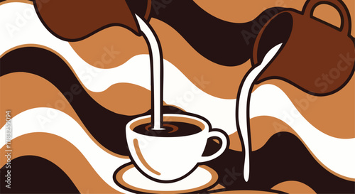 Warm coffee milk beverage pouring into a cup abstract wavy background vector illustration flat design espresso latte art morning cafe menu