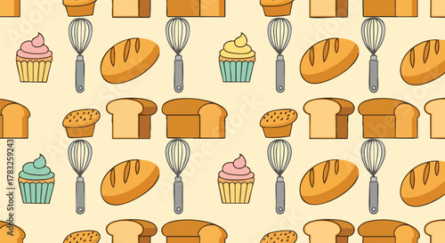 Seamless bakery pattern with cupcakes bread and baking whisk vector illustration flat design food sweet kitchen breakfast fresh