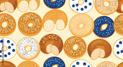 Delicious bagels seamless pattern flat design vector illustration blueberry sesame everything poppy seeds bakery food breakfast fresh yummy bread