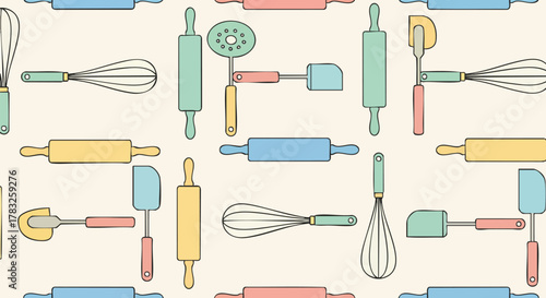 Cute pastel baking tools kitchenware seamless pattern background cooking utensils bakery equipment food preparation vector illustration flat design graphic