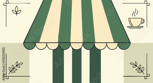Charming cafe awning background with steaming coffee cup botanical elements vector illustration flat design minimalist elegant clean shop storefront