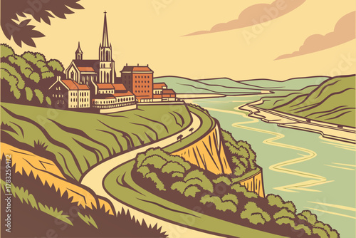 “Dubuque Iowa river bluffs and historic downtown, nostalgic vector”