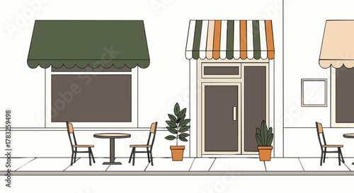 Minimalist street scene quaint cafe outdoor seating architecture building vector illustration flat design storefront shop retail business modern