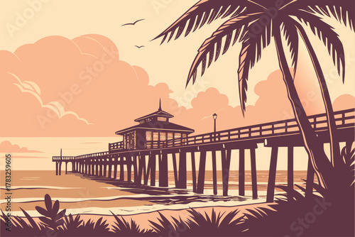 “Naples Florida pier and sunset, tranquil vector”