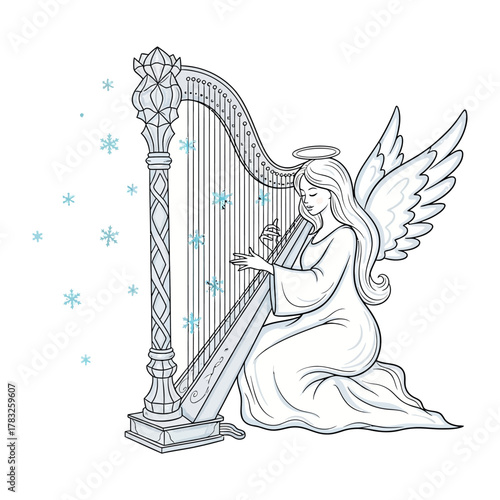 Seraph's Serenade: A heavenly seraph plays a resplendent harp. This illustrated piece captures the essence of divine music and celestial harmony.