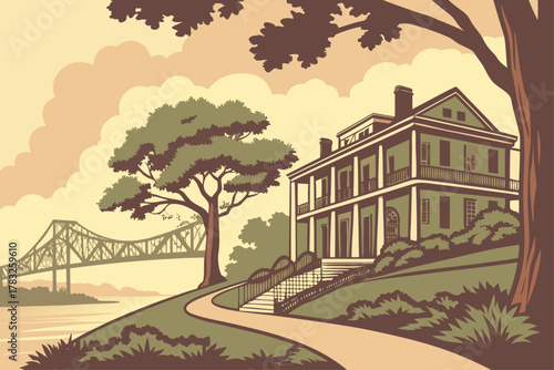 “Natchez Mississippi riverfront mansions and trees, warm tones vector”