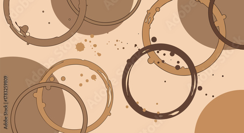 Overlapping brown coffee cup rings stains abstract pattern vector illustration flat design texture background beverage cafe art graphic modern
