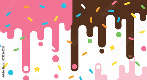 Colorful dripping sweet icing with sprinkles flat design background dessert food candy vector illustration abstract pattern graphic texture