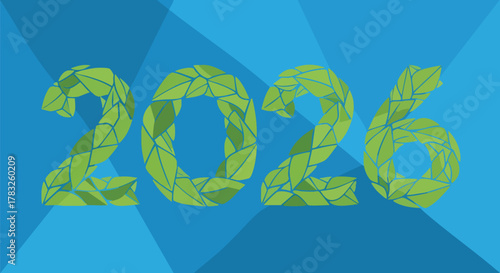 Green leaf textured 2026 number on blue background eco friendly natural sustainable growth vector illustration flat design year future calendar event